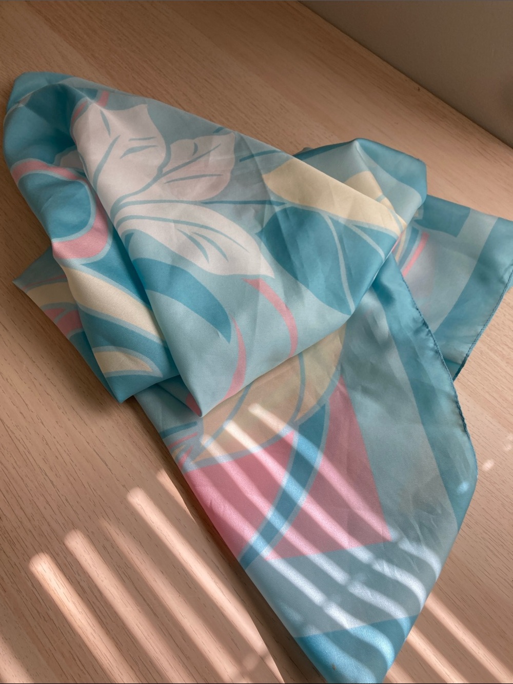 Pastel Blue and Pink Floral Silk Scarf, 30”x 30” square, triangular top - Picture 5 of 5